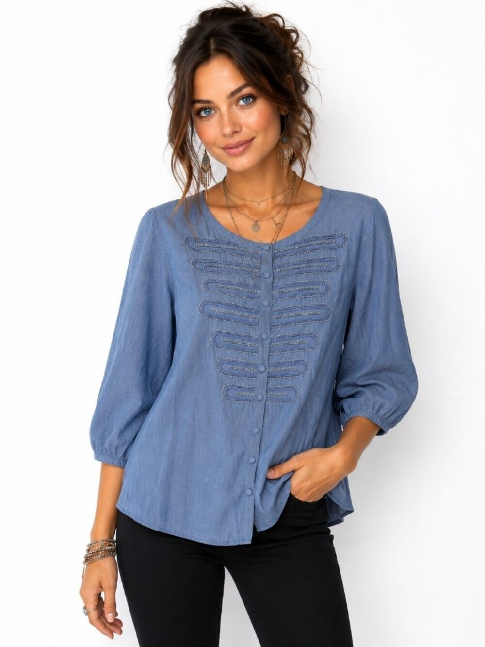 Chico's Size 2 Blue Cotton Military Style Button Front Embellished Blouse Large
